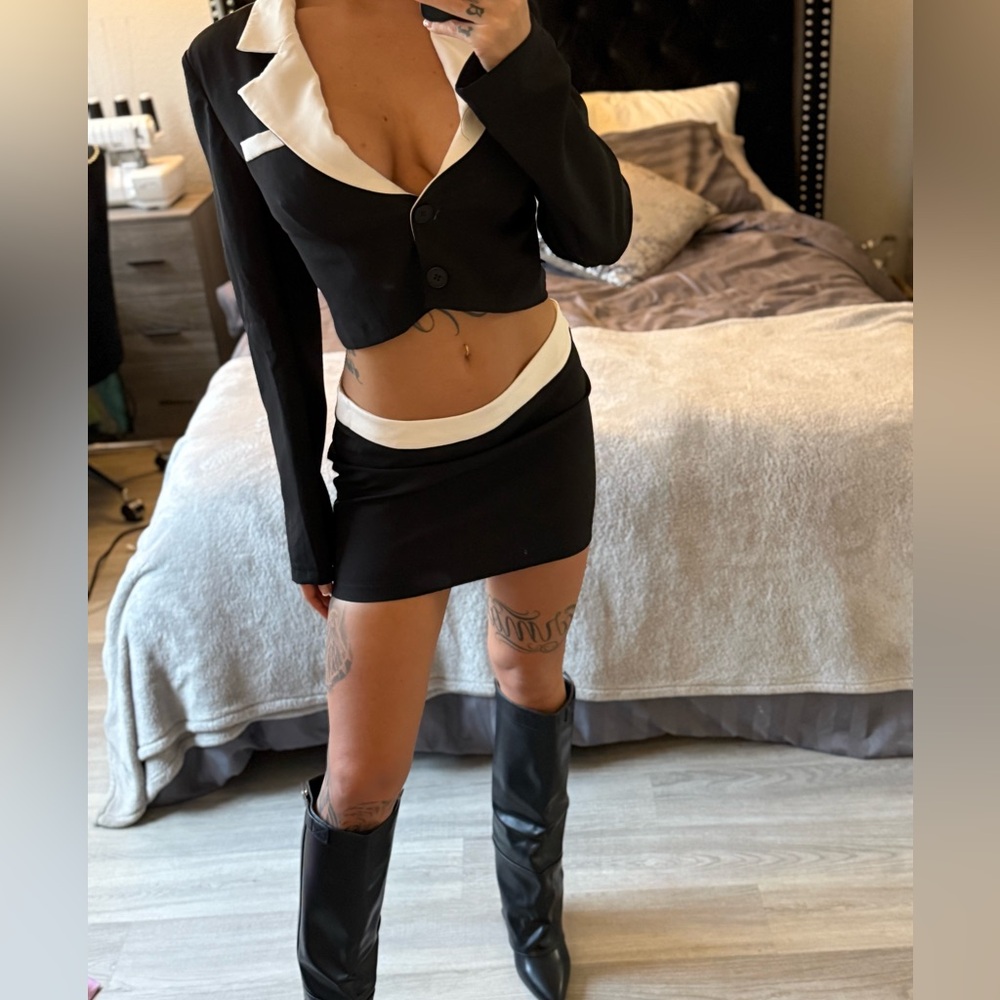 Black and white blazer mini skirt set